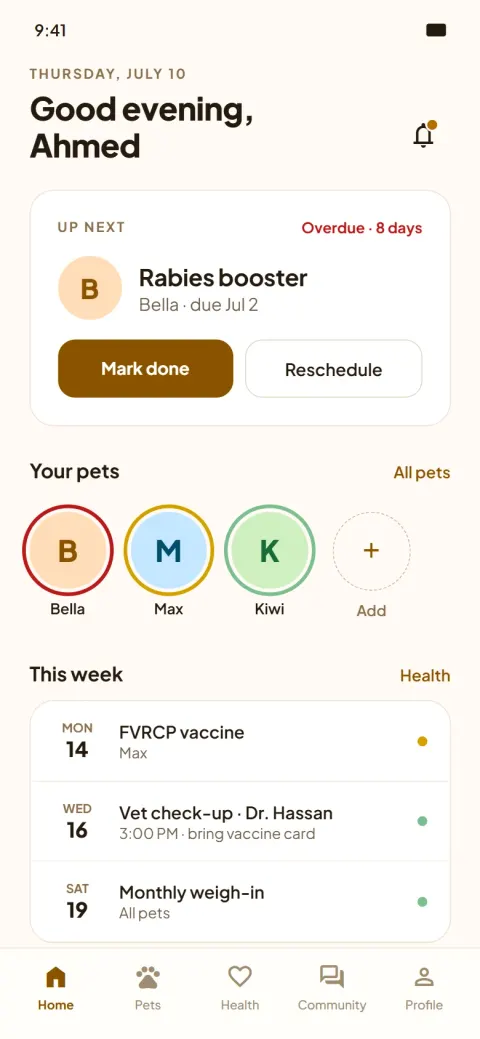 PawPawCare home screen: an ‘Up next’ vaccine reminder, pet profiles, and this week’s schedule